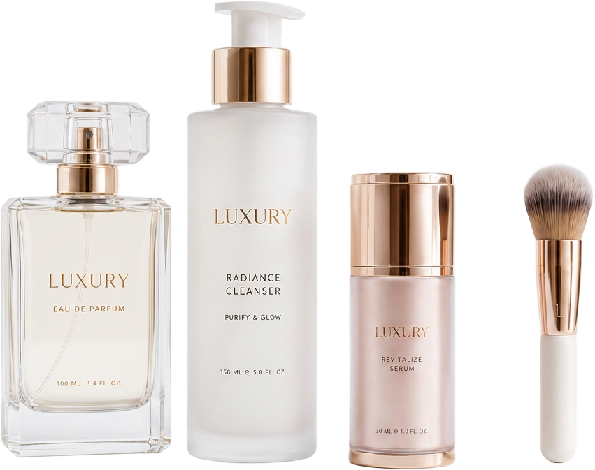 Luxury fragrance, cleanser, serum and brush collection